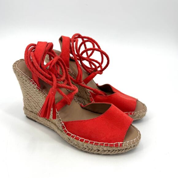 Merona Maren Lace Up Wedge Espadrille Strappy Wedge Heels Sandals Red Orange 9 - Picture 1 of 10